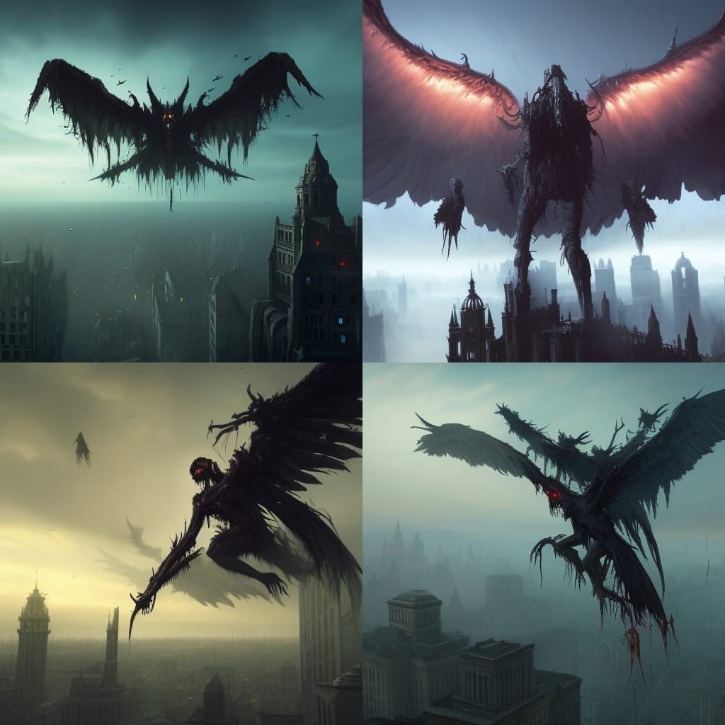 Undead Zombie with Wings Over City