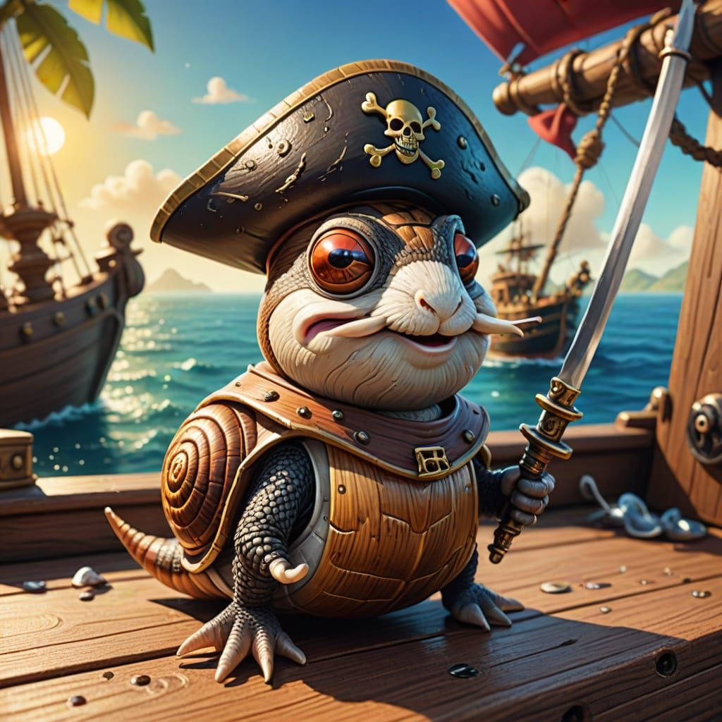 Pirate Snail on Deck: Whimsical Cartoon Illustration