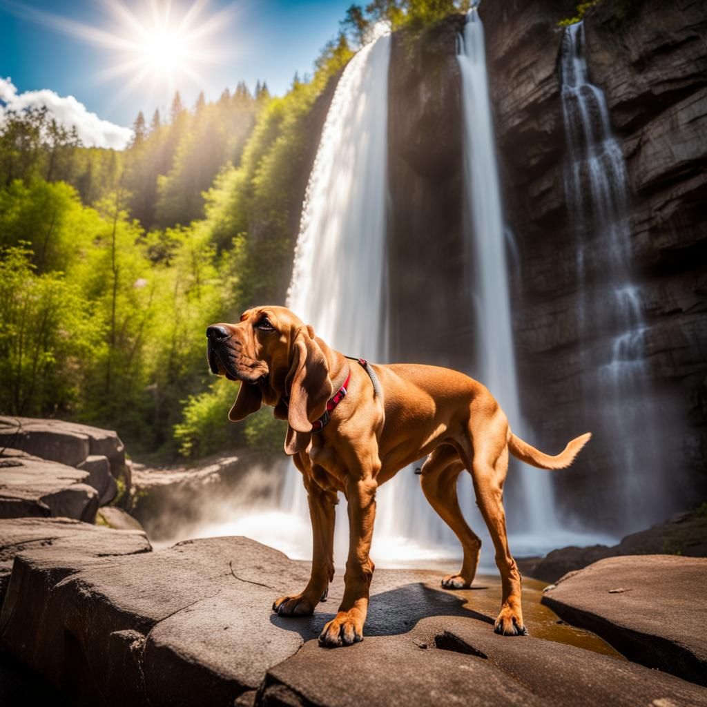 Bloodhound Sniffing Air by Waterfall in Sunlight