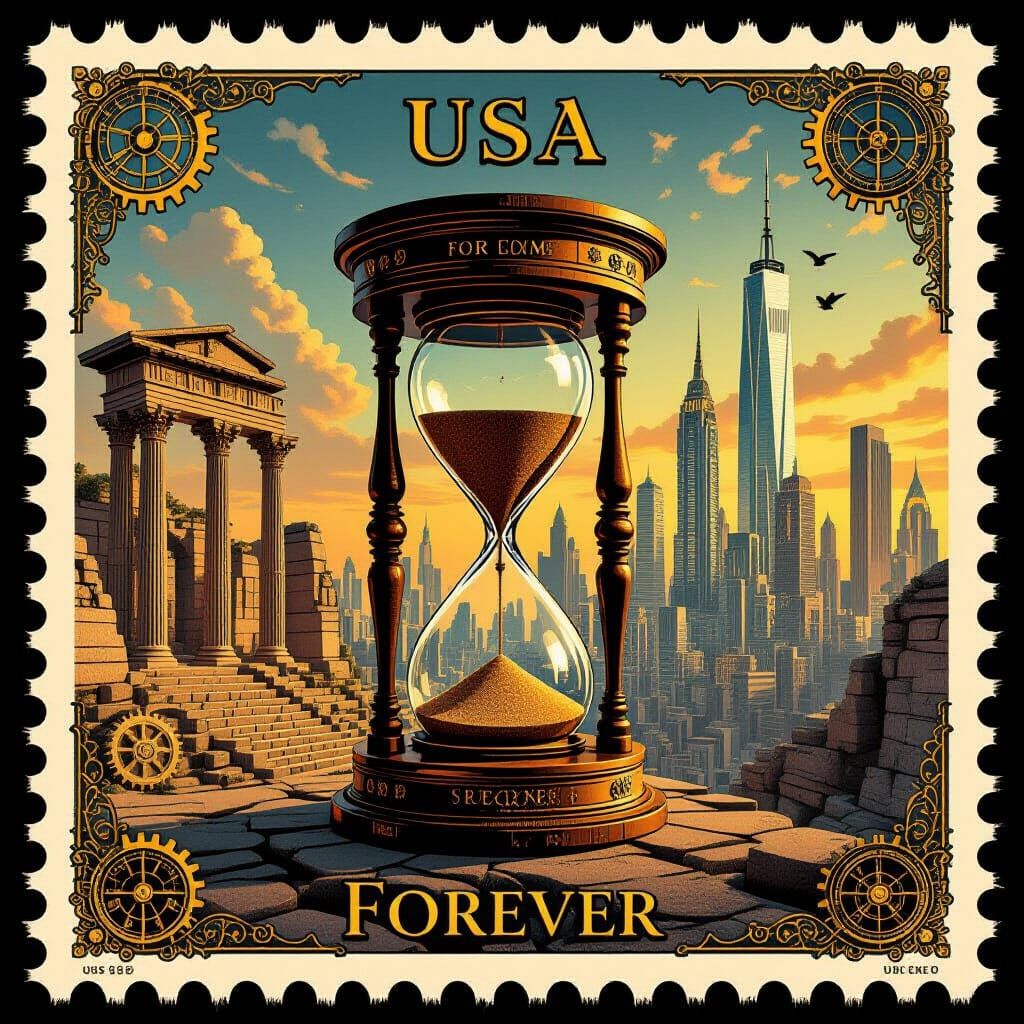 Surreal Steampunk Cityscape on US Postage Stamp