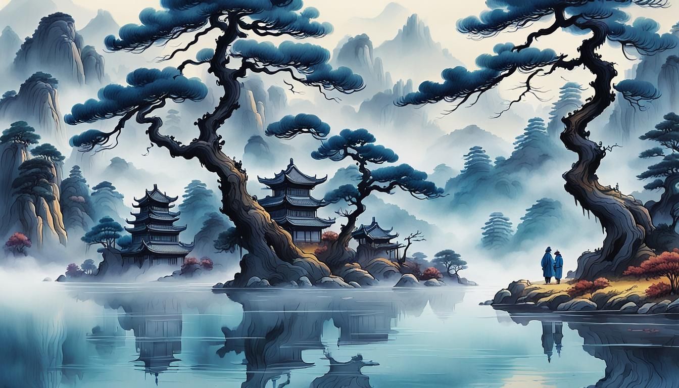 Scholars in Misty Mountains: Chinese Ink Painting