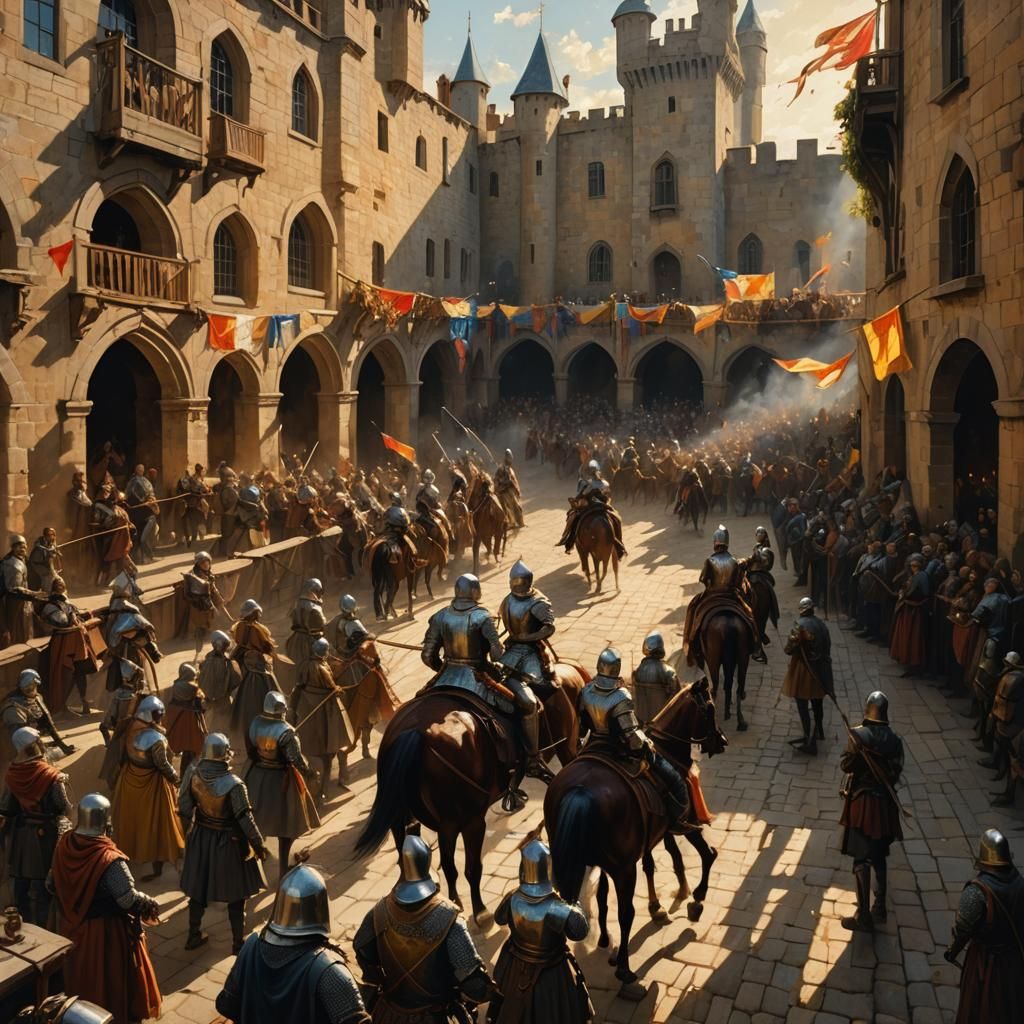 Medieval Knights Jousting in Crowded Castle Courtyard