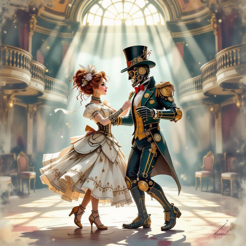 Steampunk Couple Dance in Folded Paper World