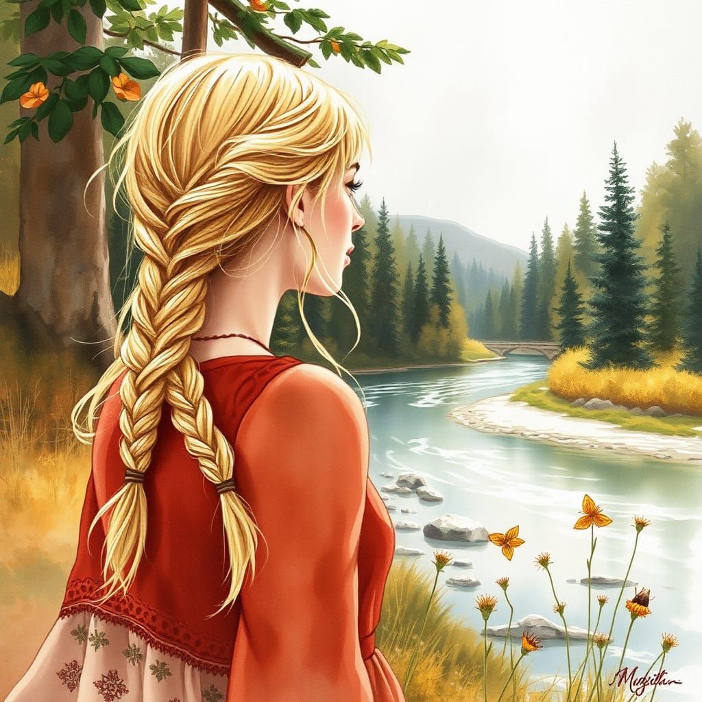 Beautiful woman, blond hair, braid, boho clothes,, walking by forest, near the river, on a sunny day."Coffee painting b...