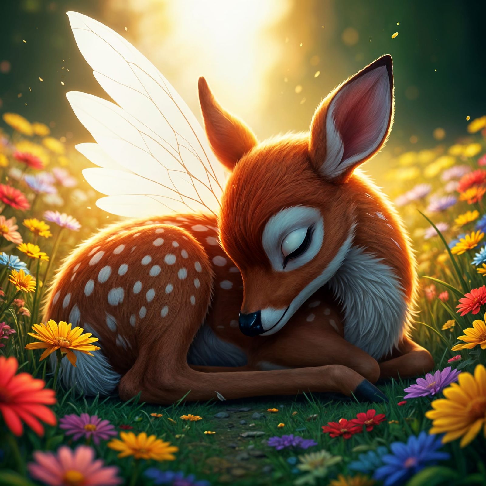 Magical Fawn in Iridescent Wings Takes a Sunny Meadow Nap