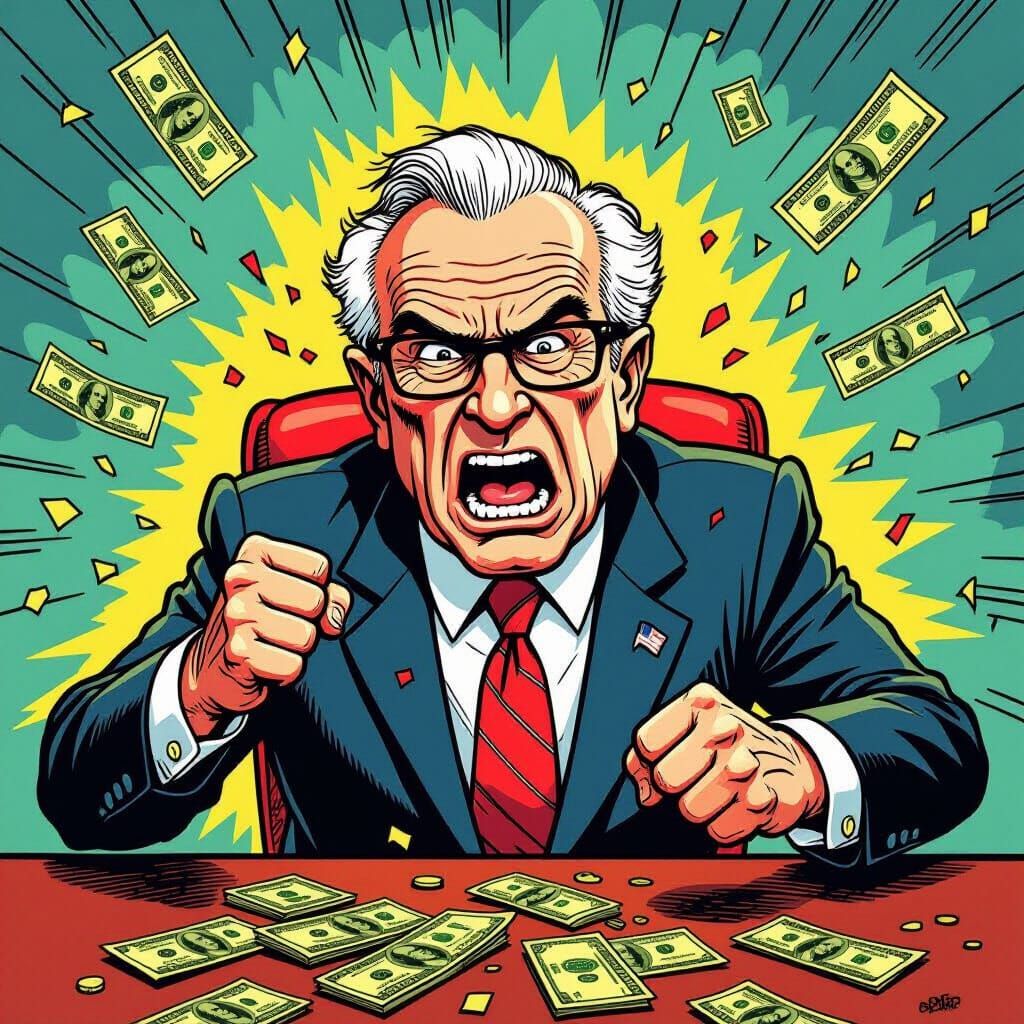 Cartoon of Furious Media Mogul at Stock Crash