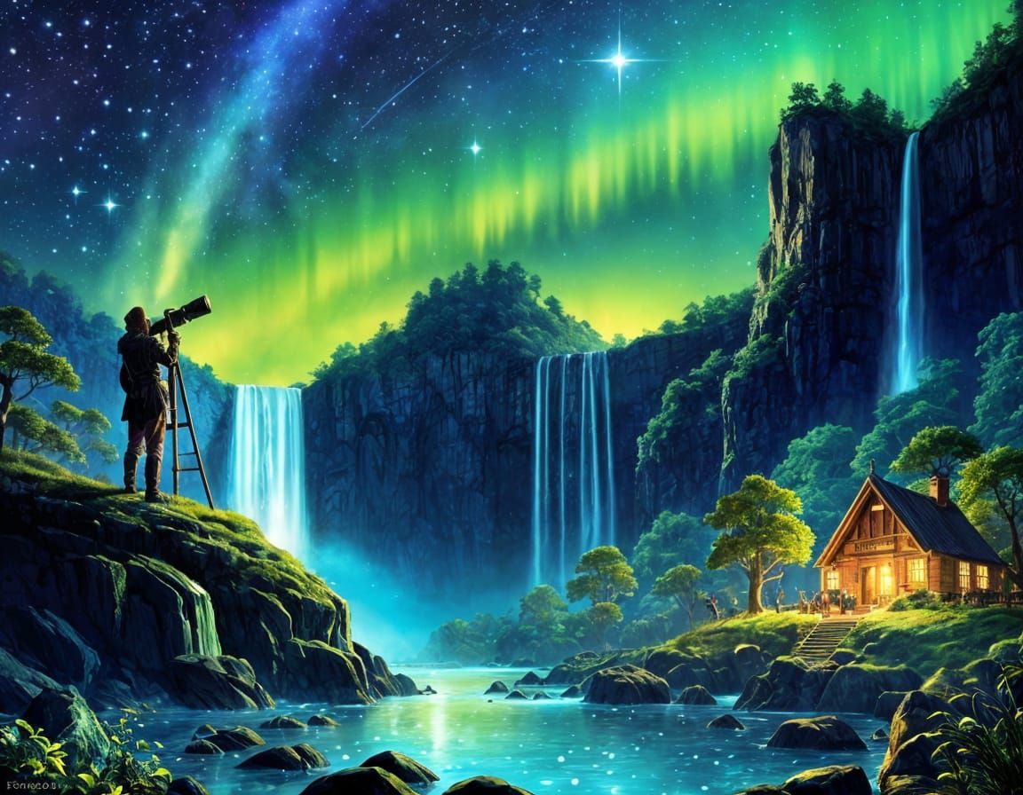 Elven Astronomer in Whimsical Starry Landscape