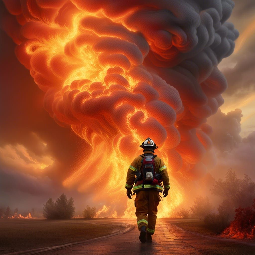Firefighter Emerges from Inferno in Fantasy Style