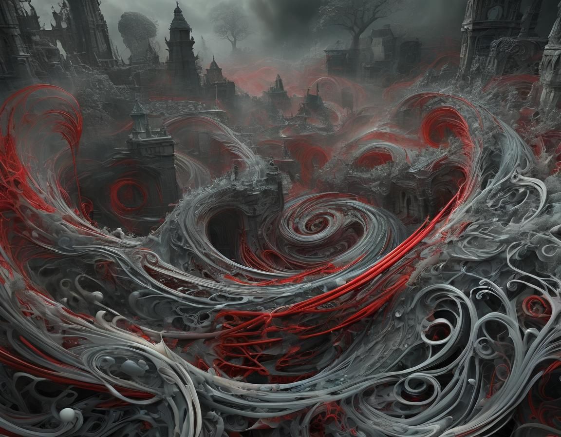 Ethereal Graveyard with Red Fractal Swirls