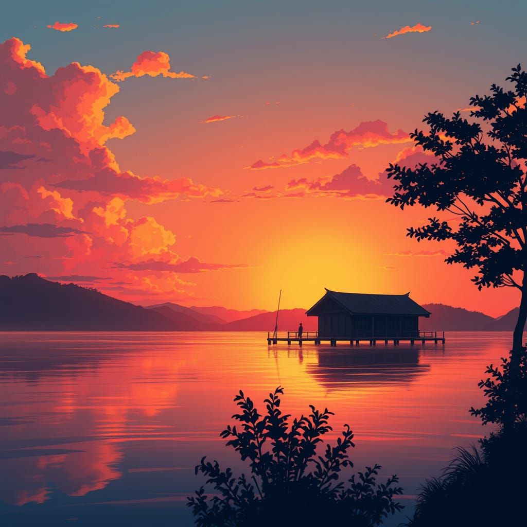 Surreal Anime Scene with Warm Sunset Hues and Gentle Glow