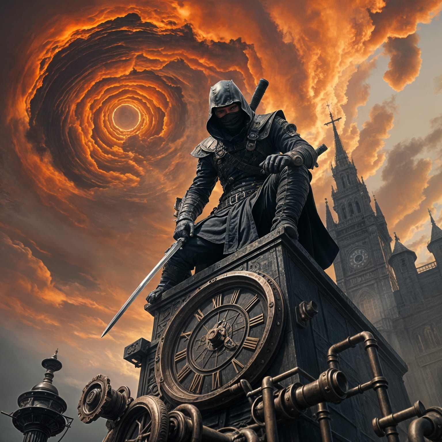 Steampunk Ninja Warrior in Majestic Black Armor