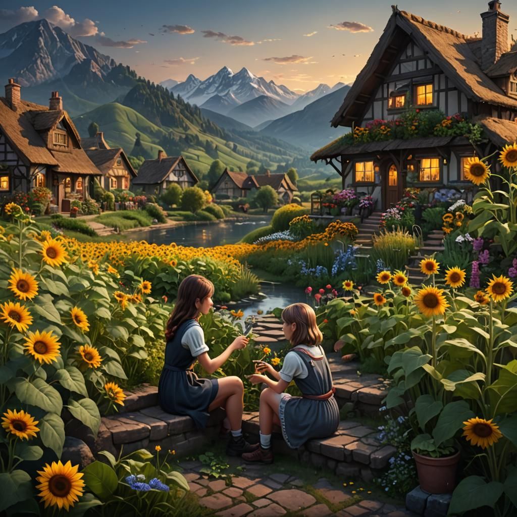 Girls in Garden with Sunflowers: Matte Painting