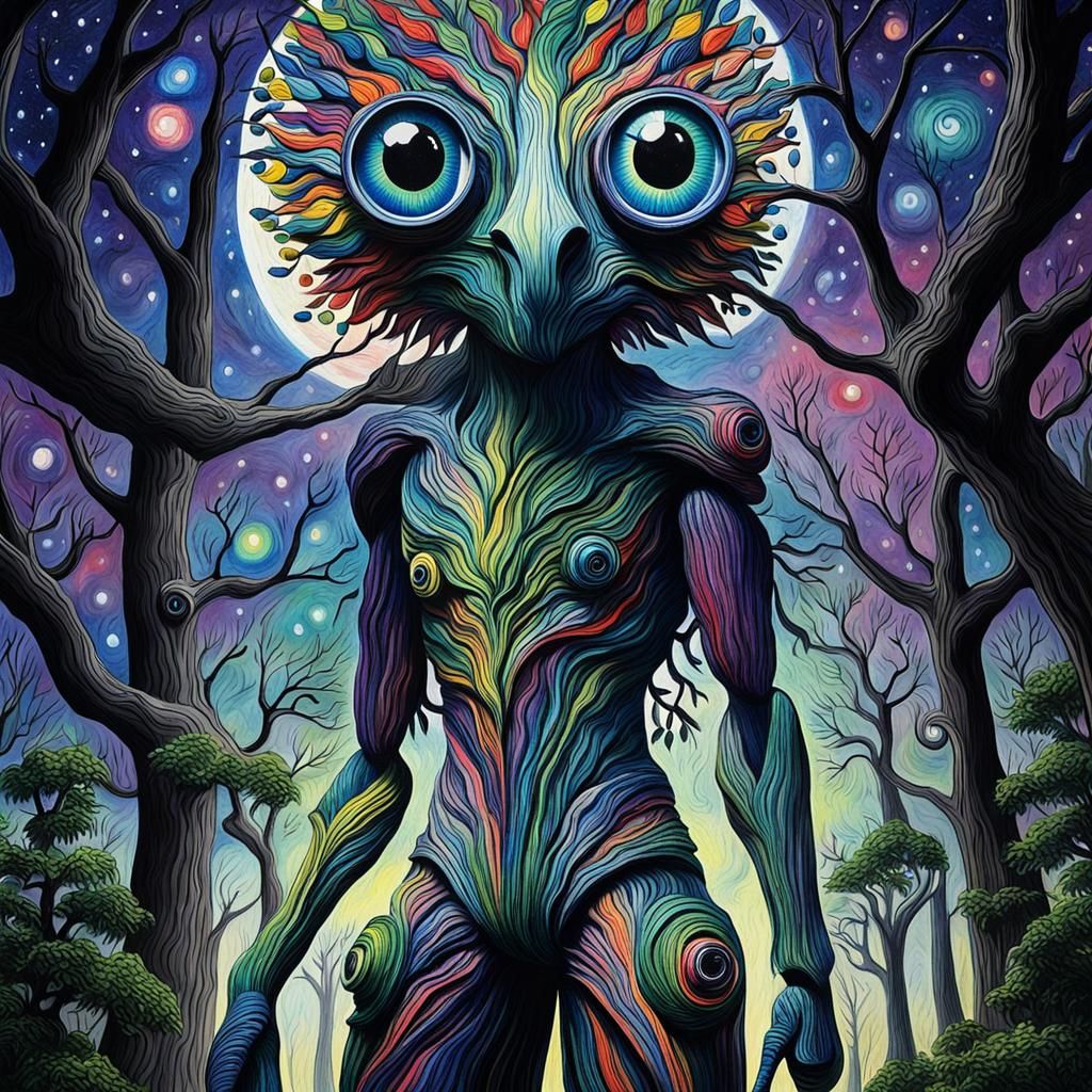 Googly Eye Tree in Crayon Style, Starry Night