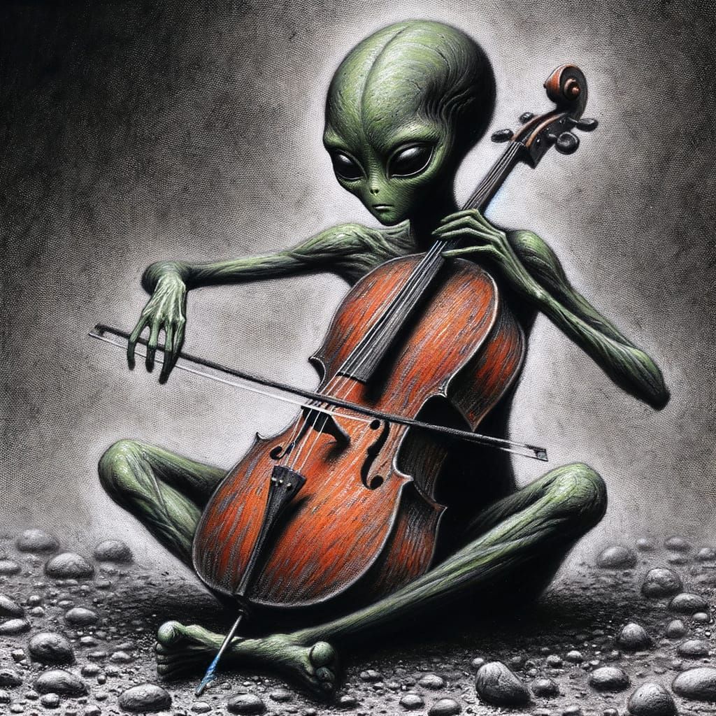 Alien Girl Plays Cello: Charcoal Sketch Illustration