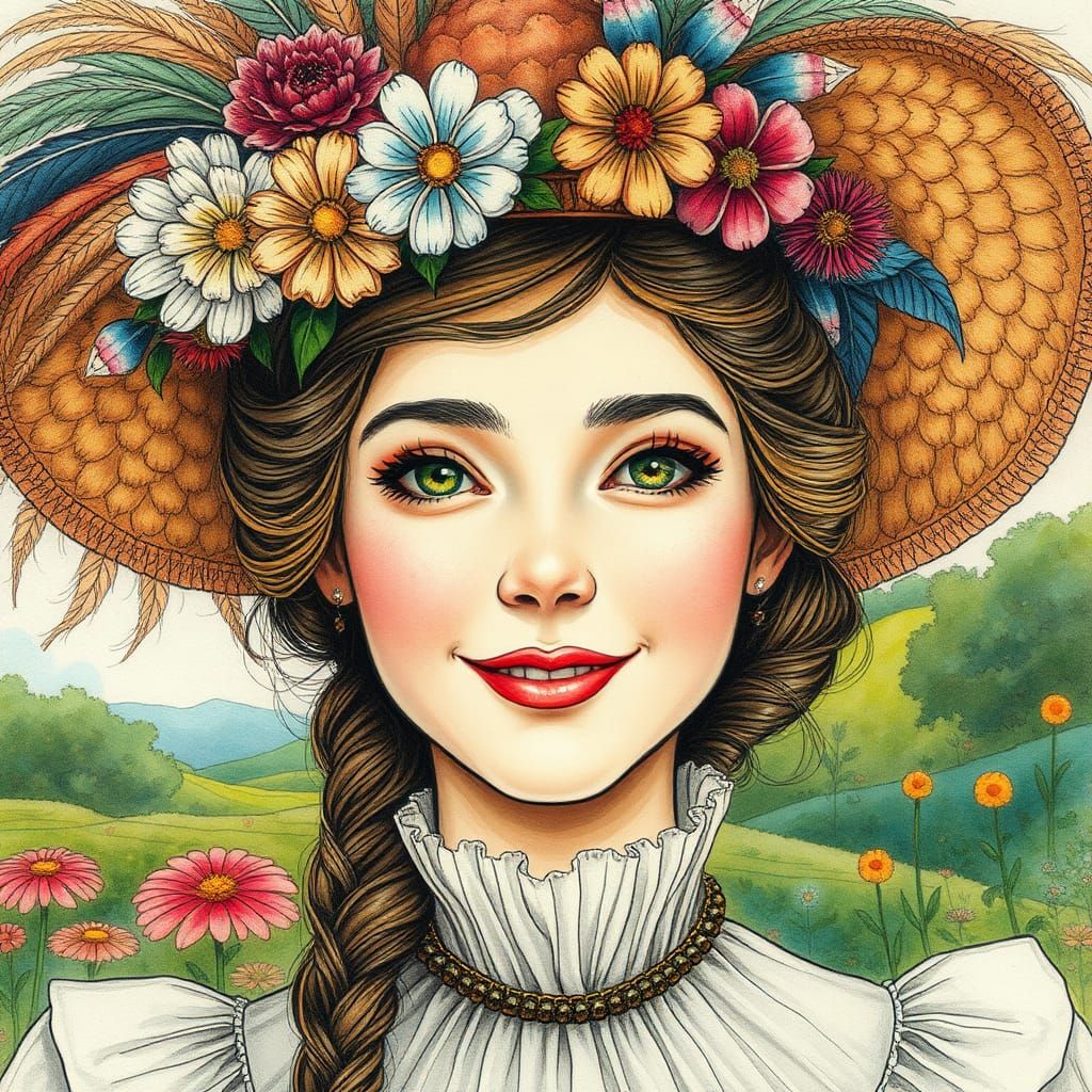 Victorian Woman Portrait with Floral Hat, Whimsical Illustra...
