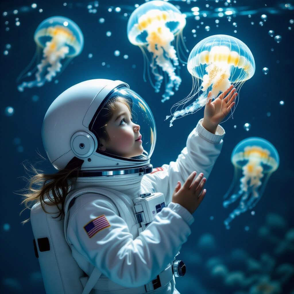 Astronaut Girl Reaching for Jellyfish: Cinematic Still