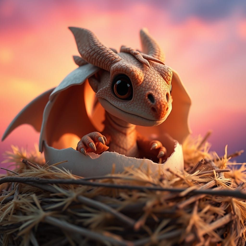 Surreal Sunrise Scene with Baby Dragon Hatching from Egg