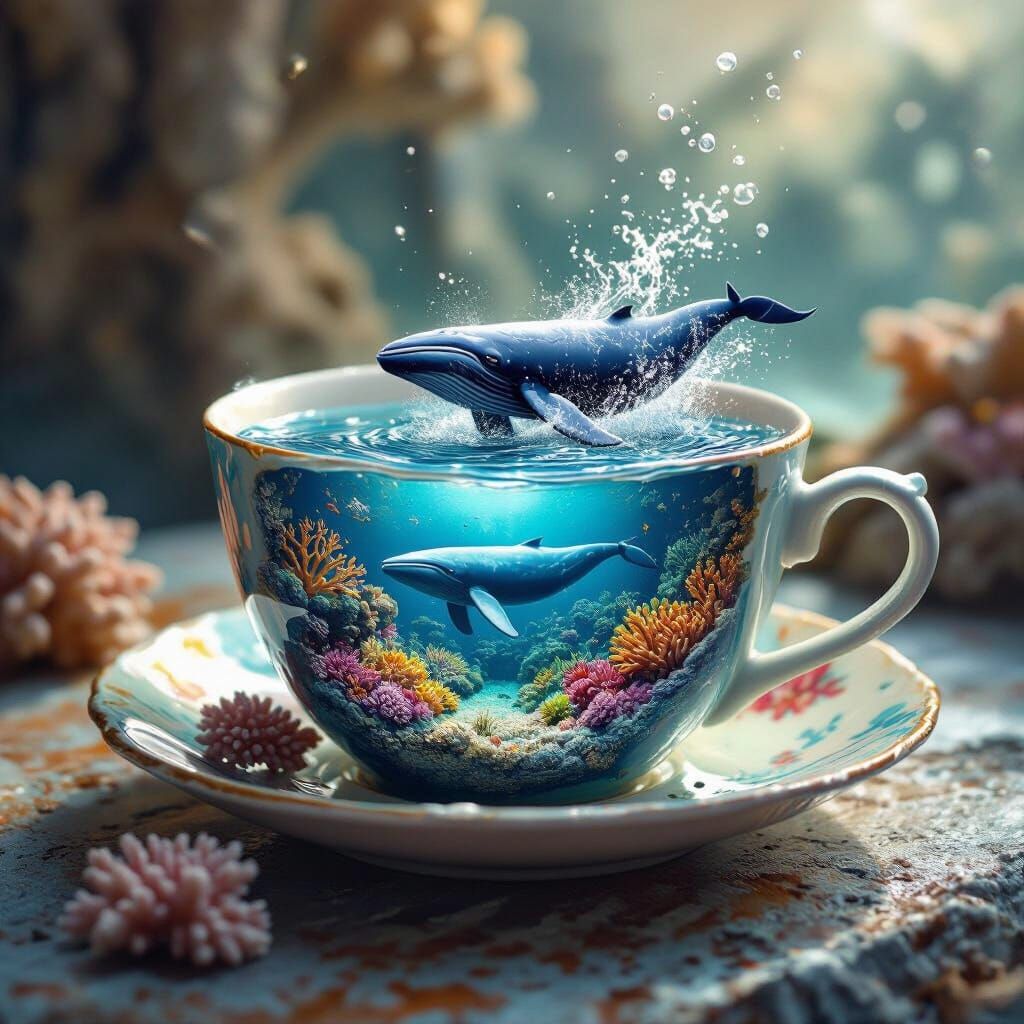 Whale and Coral Reef Inside Teacup - Fantasy Art