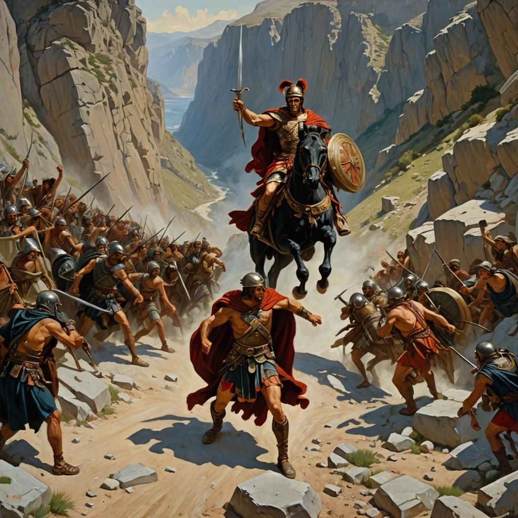 Perseus Battles Bandits in Mountain Pass Oil Painting