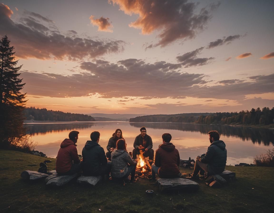 Lakeside Campfire at Sunset: Friends Relaxing