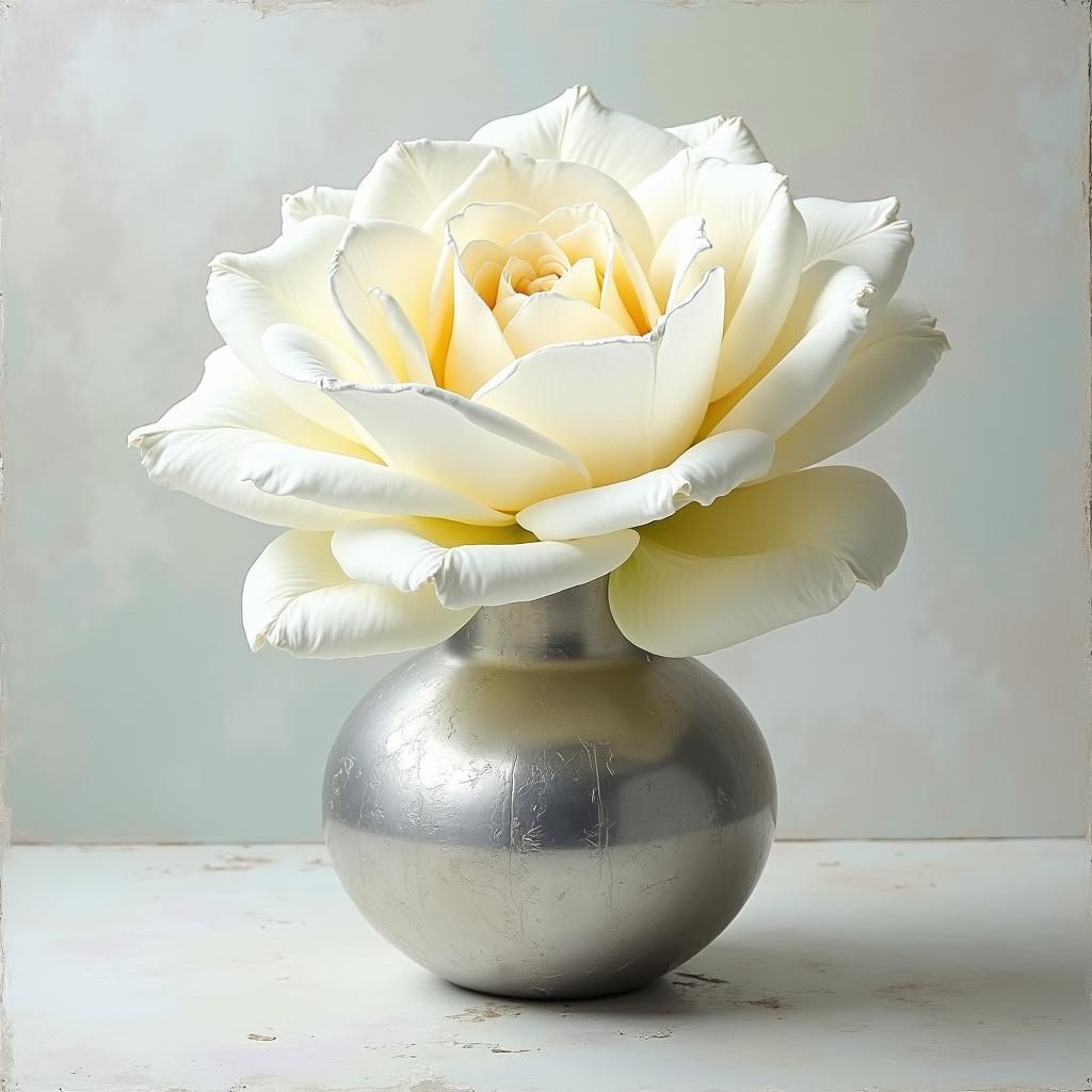 Delicate White Rose in Expressionist Silver Vase