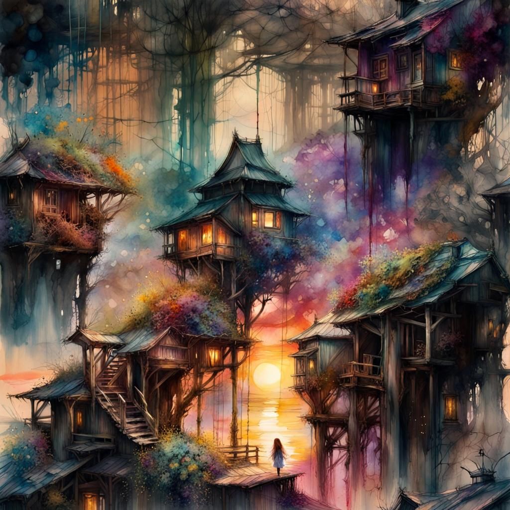 Fantasy Sunset Landscape in Watercolor Style