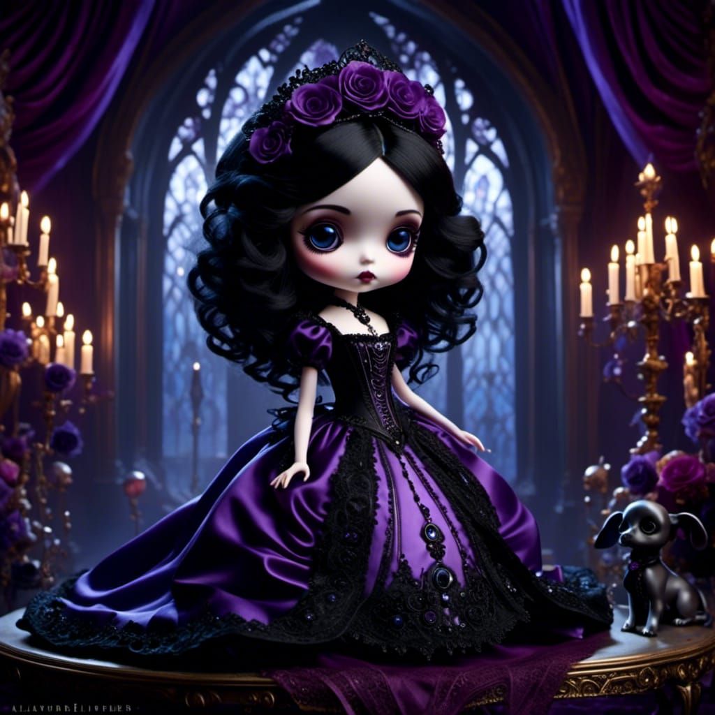 Gothic Chibi Doll in Dollhouse, Dark Fantasy Art