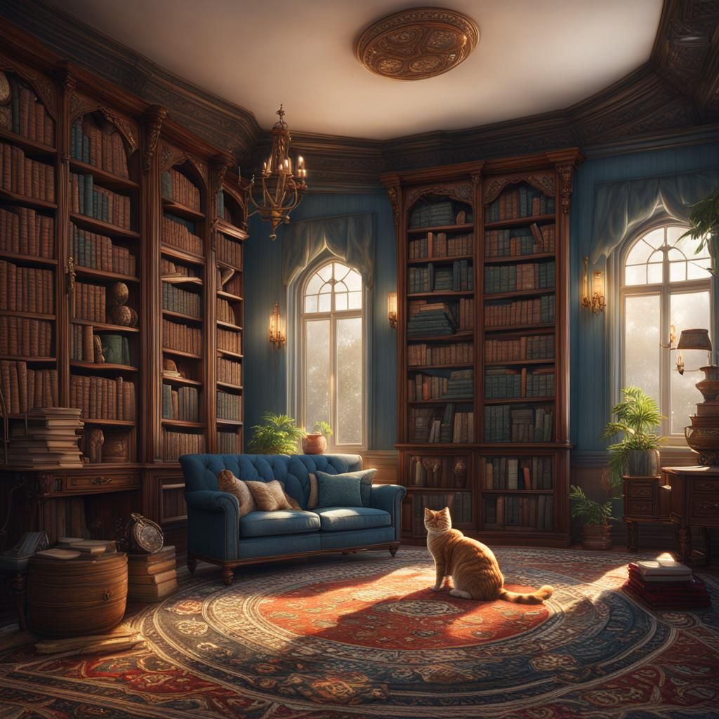 Home Library with Cat as Detailed Matte Painting
