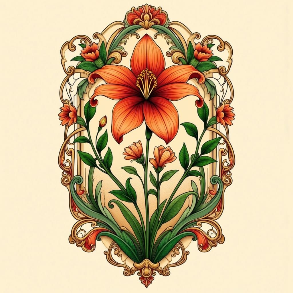 Neo-Traditional Lily Tattoo with Art Nouveau Frame
