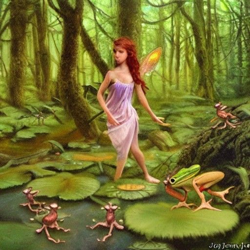 Fairy in Forest with Frogs as Oil Painting