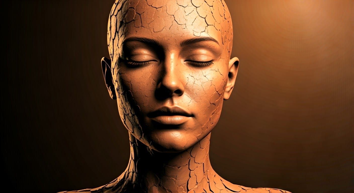 "A surrealistic digital artwork featuring a female figure at the center of the composition, sculpted entirely from clay ...