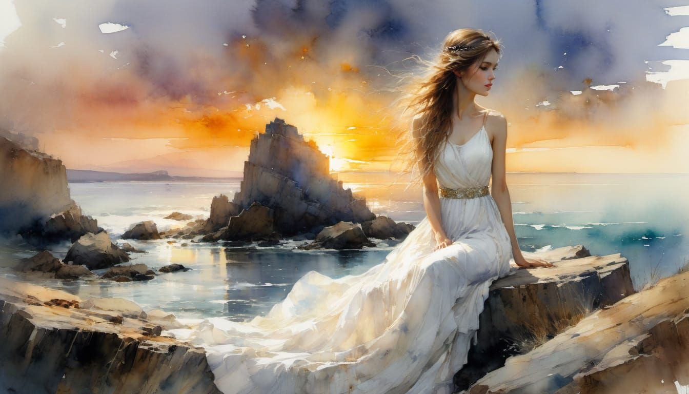 Woman in White Dress at Golden Sunset on Rocky Shore