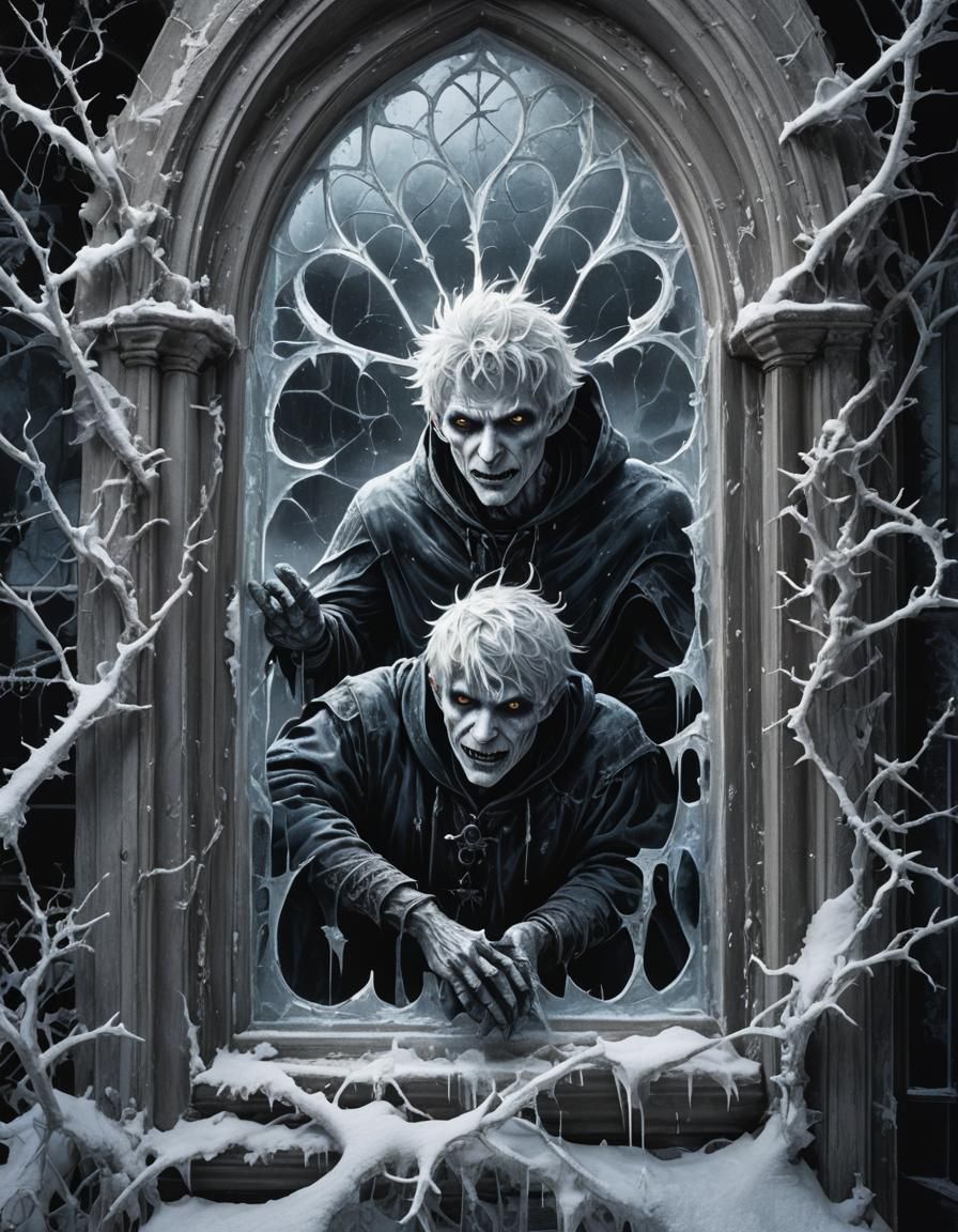 Creepy Jack Frost Creates Icy Horror on Gothic Window