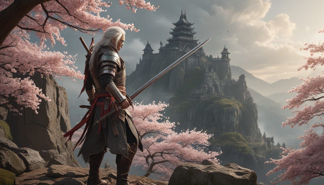 Epic Fantasy Landscape with Silver-Haired Warrior
