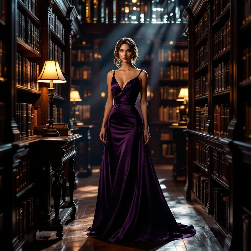 Elegant Woman in Purple Dress in Mysterious Library