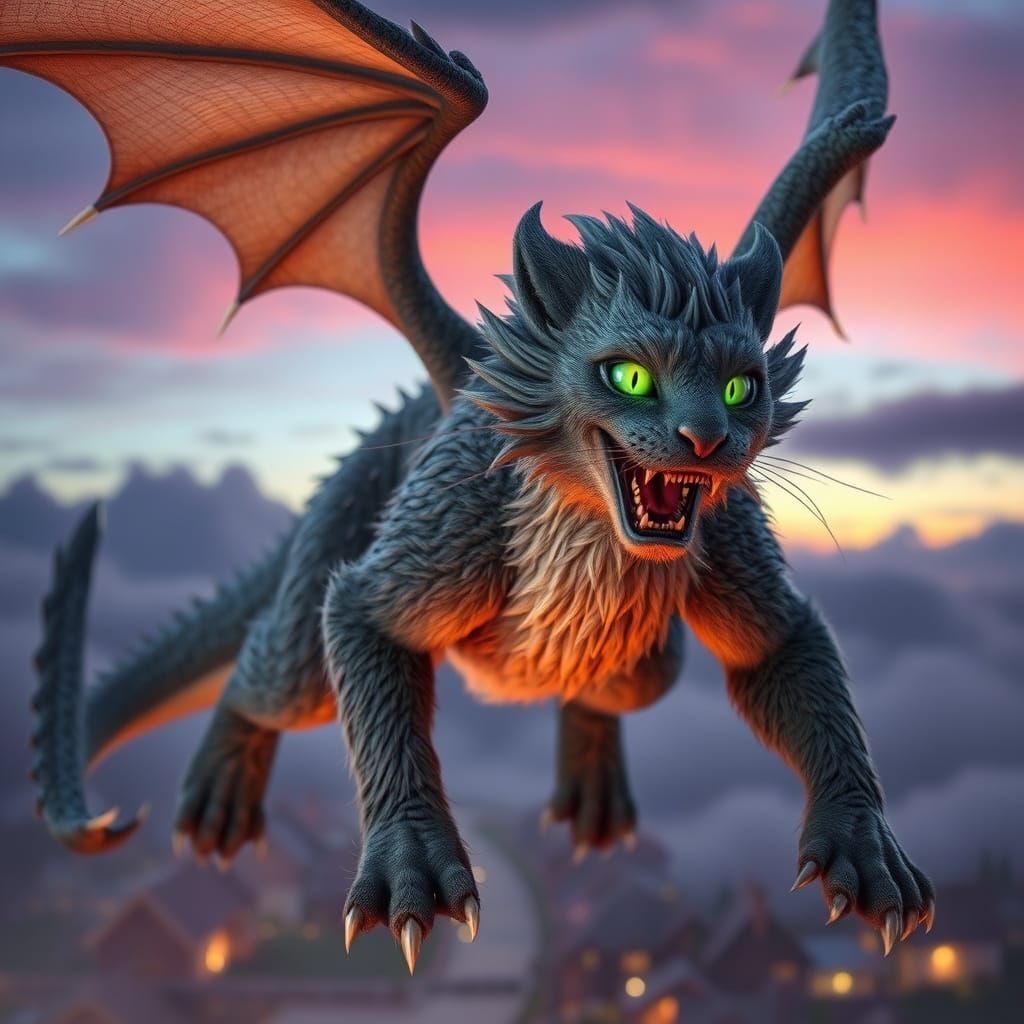 Ethereal Grey Cat-Dragon in Flight