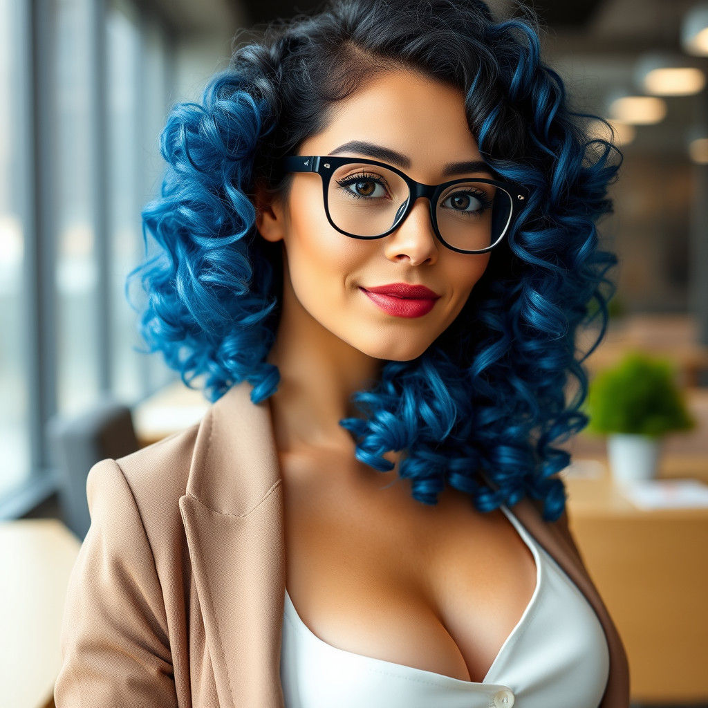 Professional Woman with Blue Curls in Office