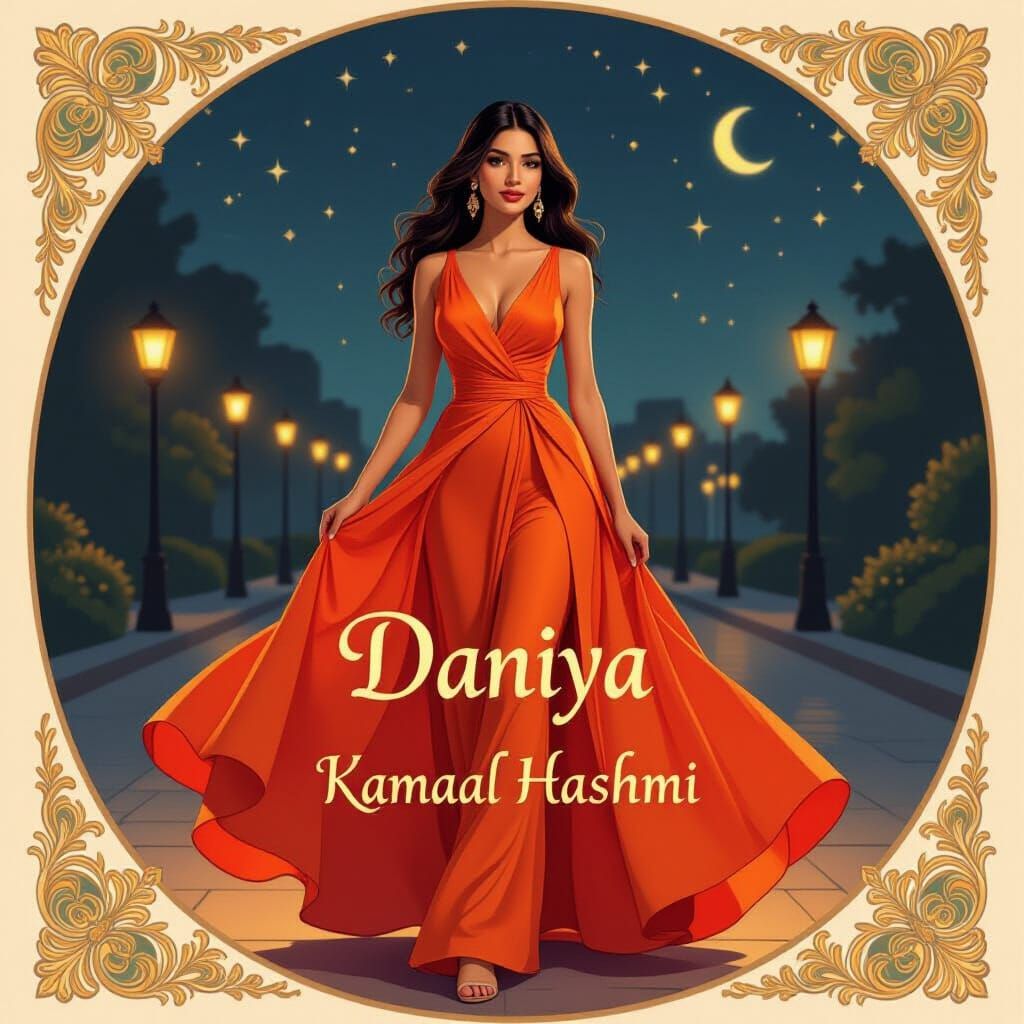 Woman in Orange Dress at Night, Digital Art Nouveau