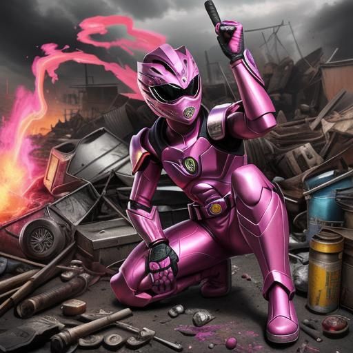 Pink Power Ranger in Junkyard Apocalypse, Charcoal Drawing