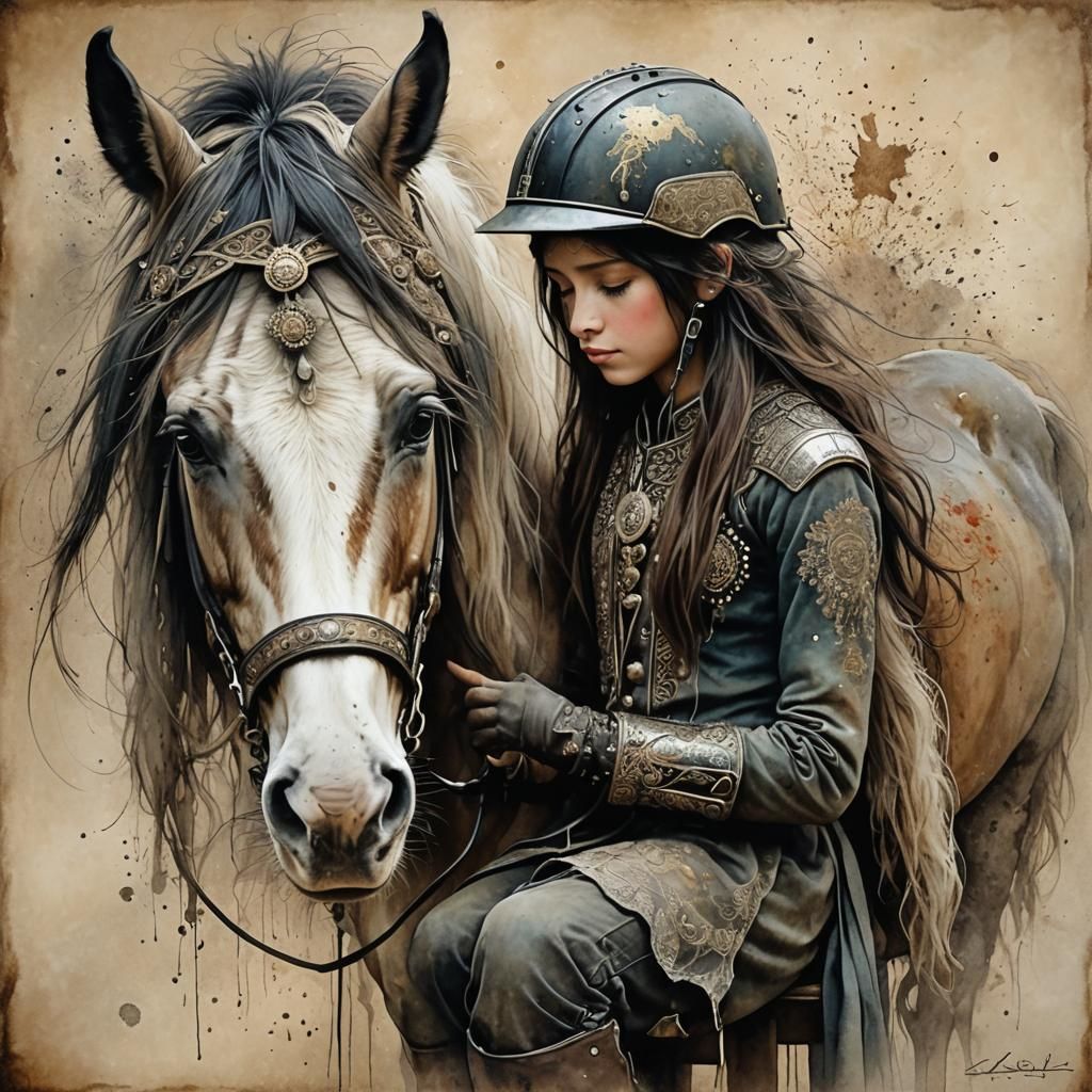 Girl and Gypsy Horse in Surreal Ink Splatter Art