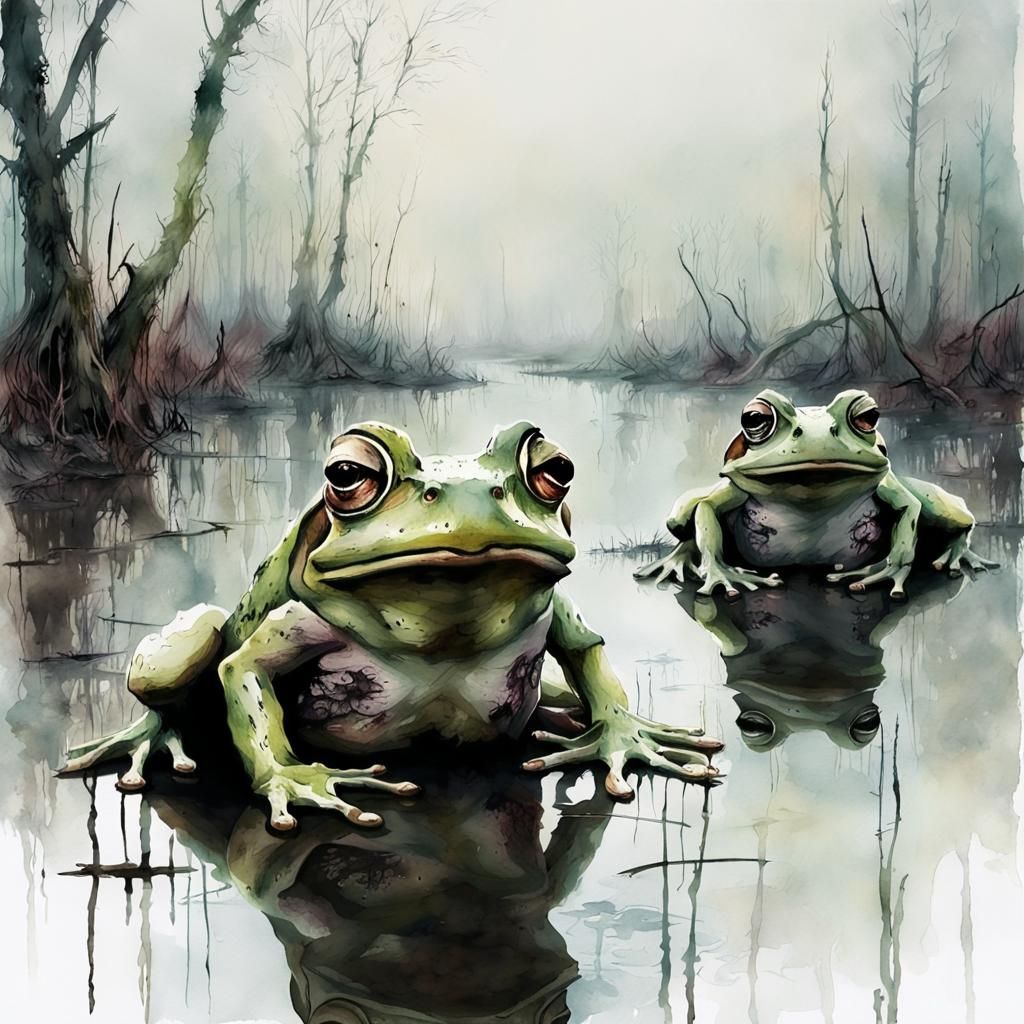 Eerie Frogs in Gloomy Swamp: Watercolor Dark Art