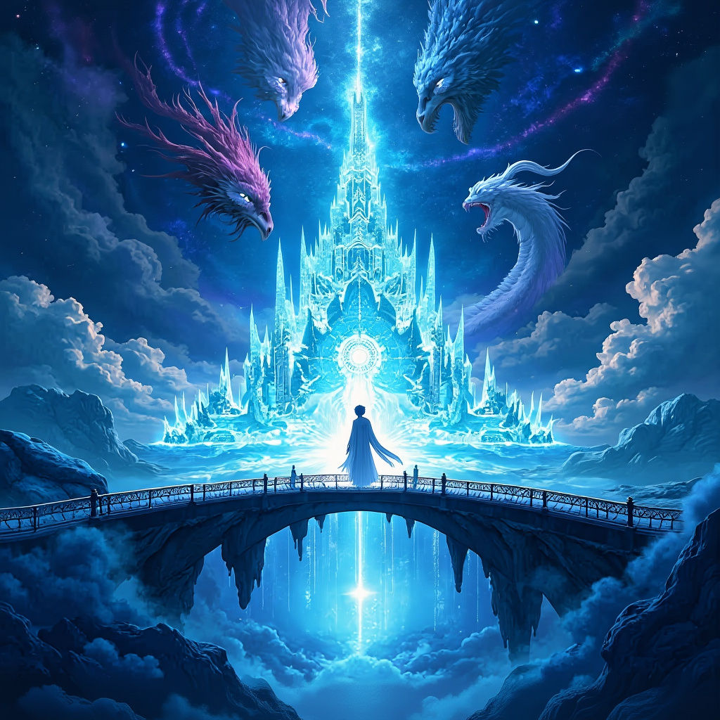 Celestial Crystal Temple with Dragons in Anime Style