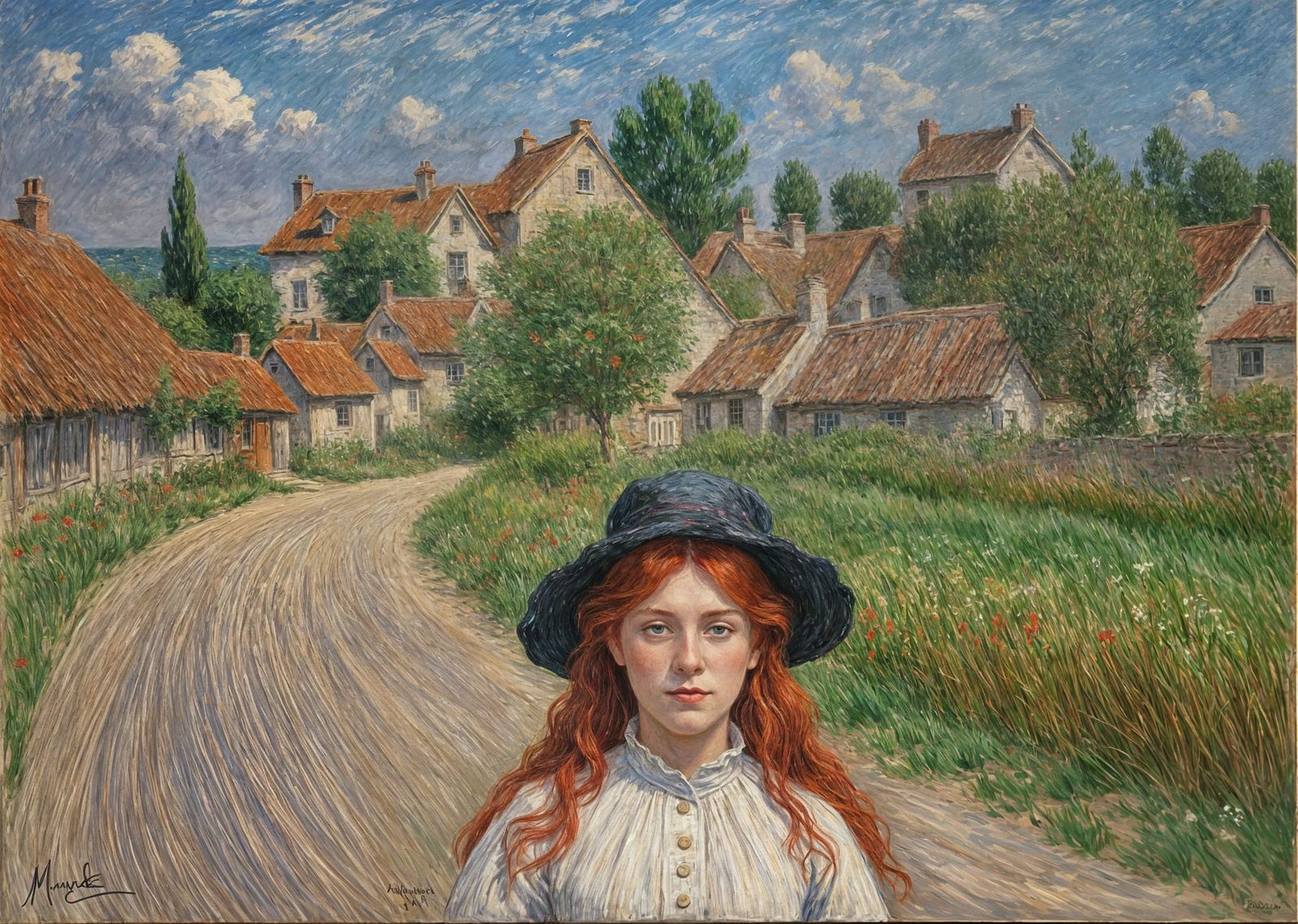 Impressionistic Portrait of Red-Haired Woman in Village