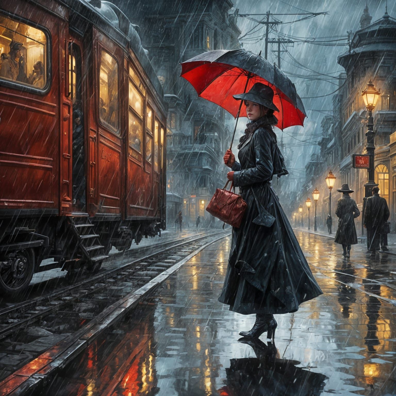 Rainy City Scene with Red Umbrella, Hyperdetailed Art