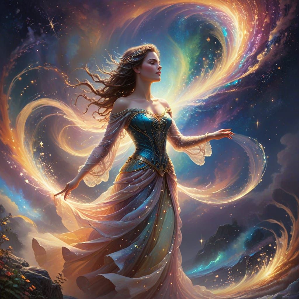 Surreal Oil Painting of Glowing Figure in Vibrant Cosmic Lan...