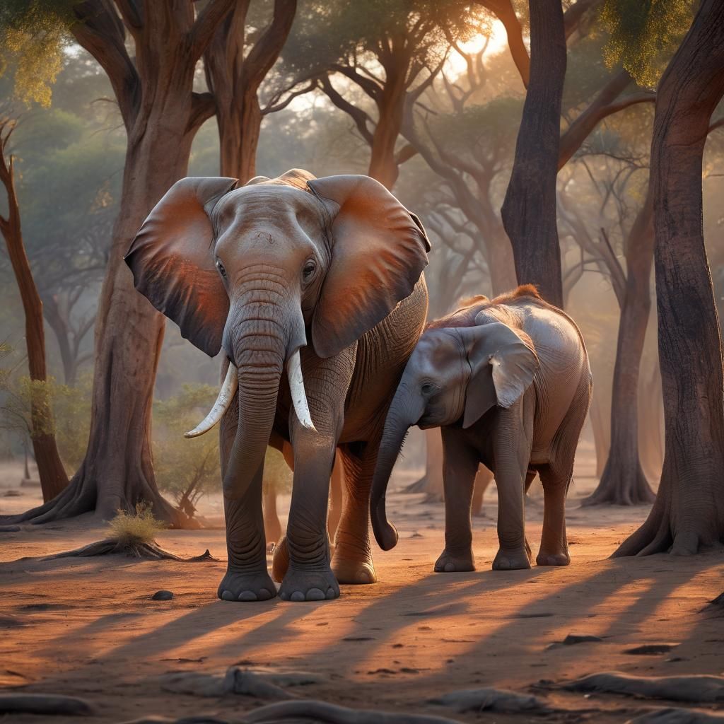 Elephant Mother and Baby Portrait in Golden Light