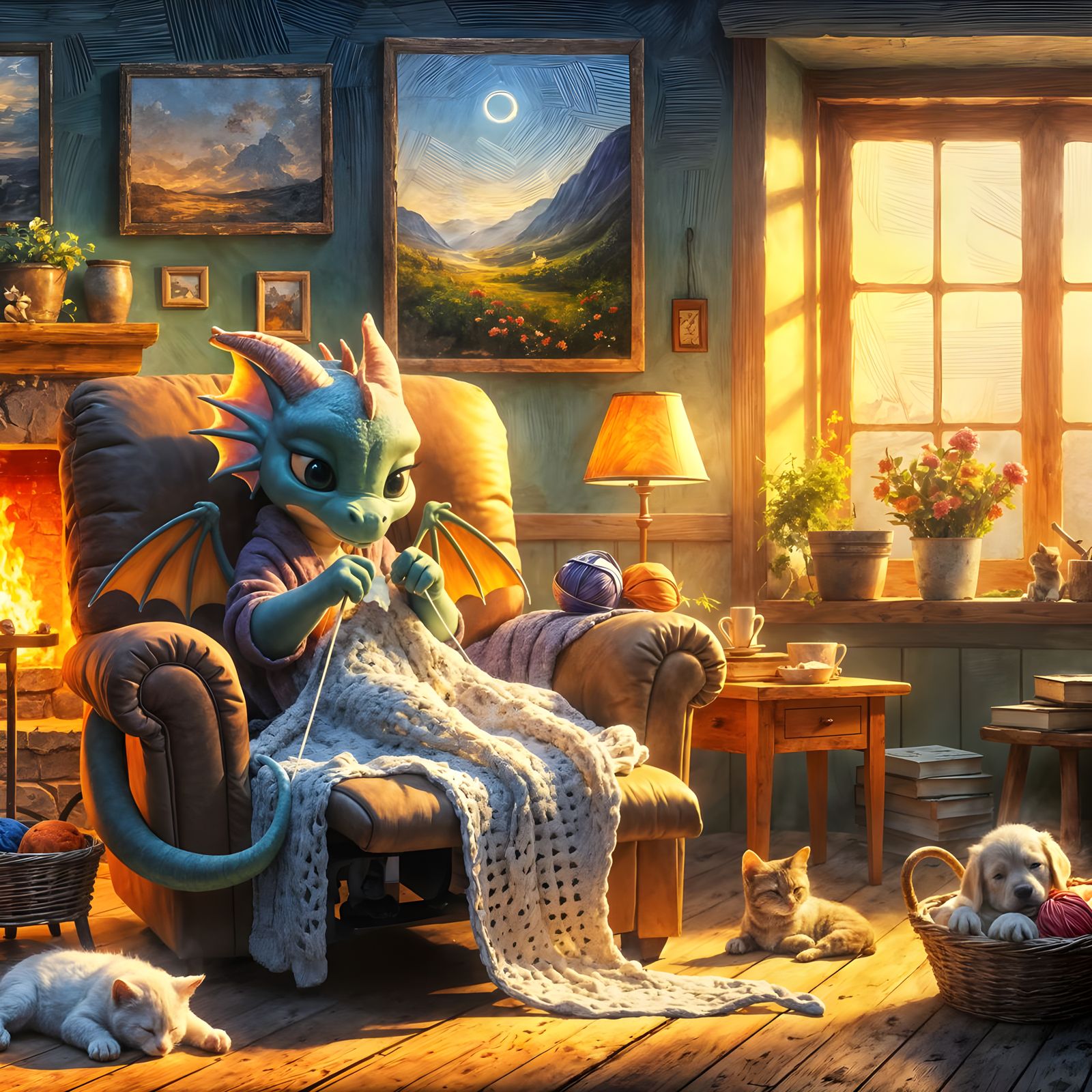 Cozy Dragon Crocheting with Pets Oil Painting