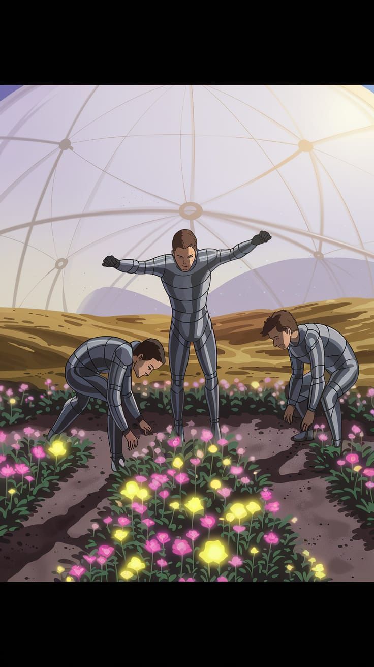 Men in Metallic Spacesuits Tend to Vibrant Flowers in Lunar ...