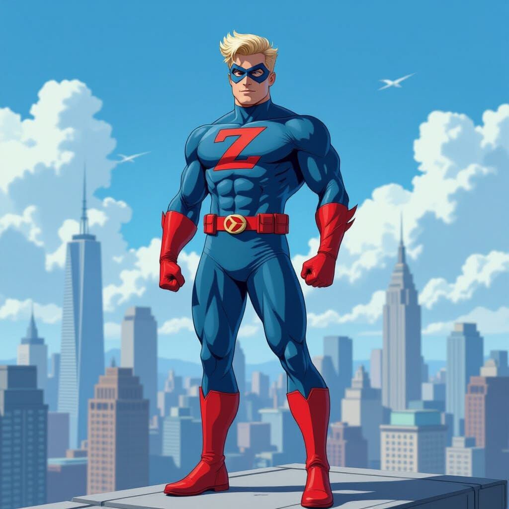 Super Z Hero on City Rooftop, Bold Lines Style
