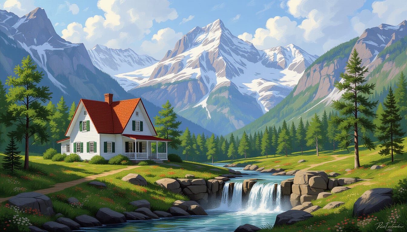 Alpine Cottage with Waterfall in Romantic Style